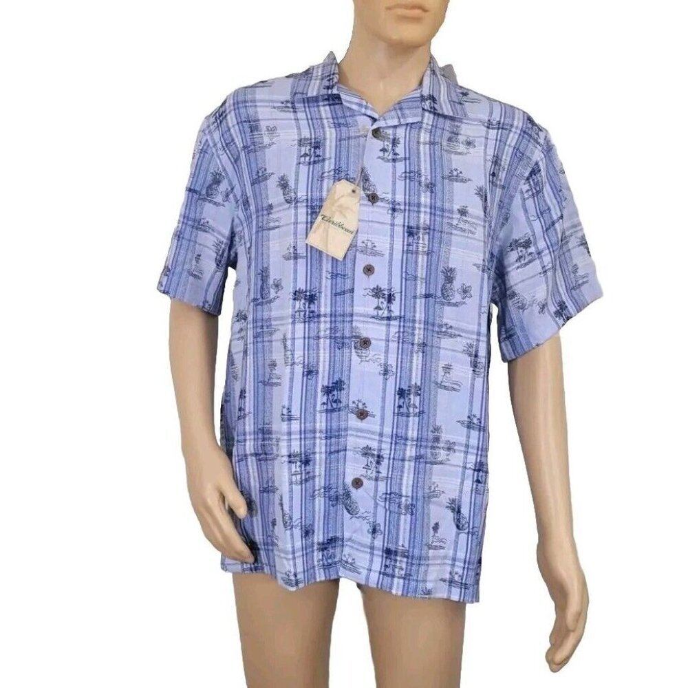 Caribbean Men's Shirt Size XL Hawaiian Short Sleeve Pineapple Flamingos Blue 36